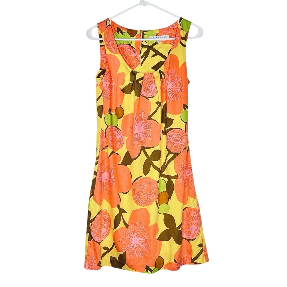 Trina Turk Floral Yellow and Pink Cotton Sleeveless Tropical Mini Dress